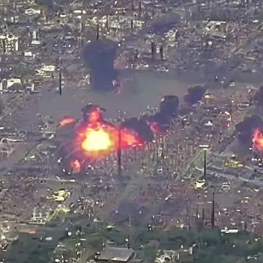 Image similar to atomic explosion, fireball, fireball explosion, 2 4 0 p footage, 2 0 0 6 youtube video, helicopter footage over city, fleeing crowds of people