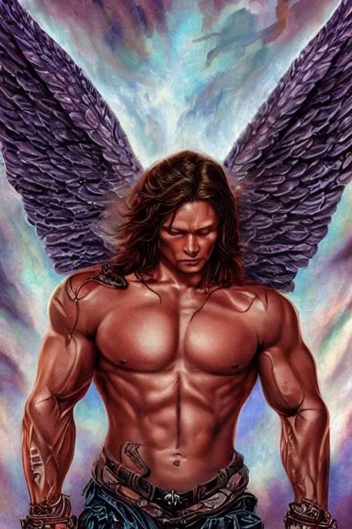 Prompt: muscular Sam Winchester as an angel with religious tattoos on chest and neck, with glowing runes on the body, romance book cover style, D&D dark fantasy style, sharp focus, ultra detailed, art by Artgerm and Peter Andrew Jones, Karol Bak, Ayami Kojima, Amano and Olivier Ledroit