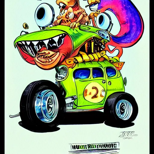 Prompt: ratfink style by ed roth, racoon riding in a tiny hot rod coupe with oversized engine, centered award winning watercolor pen illustration, by caroline choi, edited by range murata