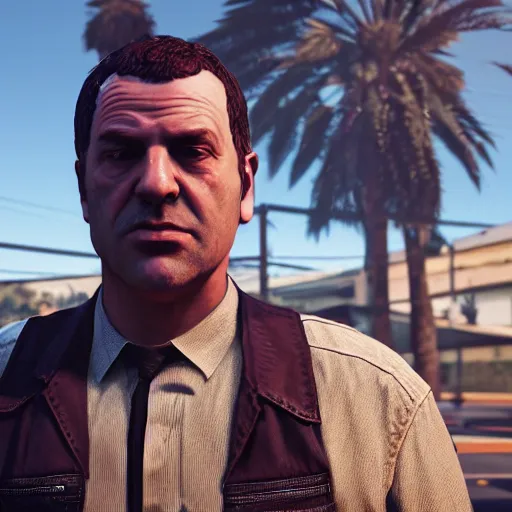 Image similar to “ portrait of gustav fringe in gta5, octane render”