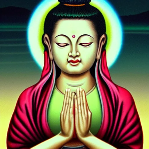 Image similar to contented female bodhisattva, praying meditating, portrait illustration by Jason Edmiston