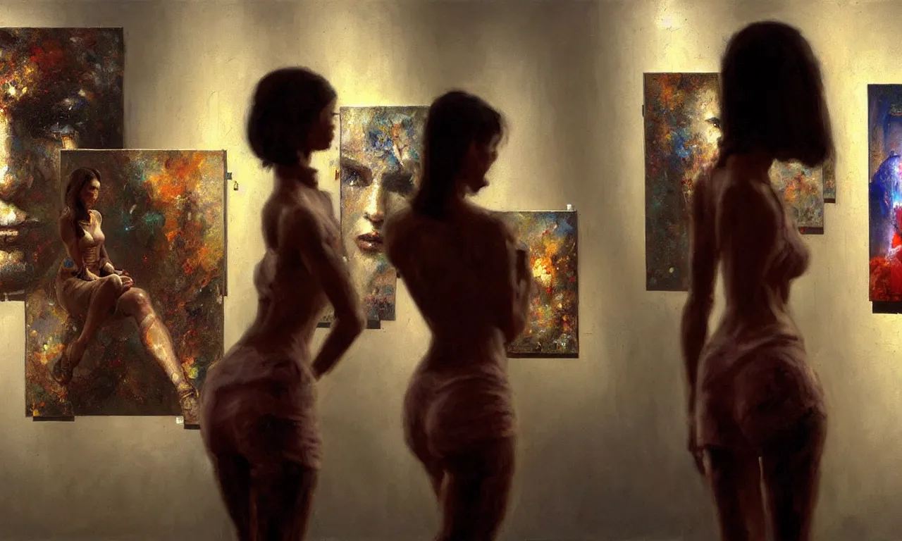 Prompt: photorealistic painting by craig mullins. a cyborg in an art gallery looking at a painting of a beautiful woman staring back at the cyborg. intricate details