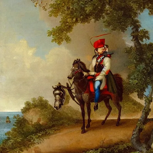 Image similar to a squirrel carrying napoleon bonaparte on its back, beach scene with flowers and foliage, detailed oil painting