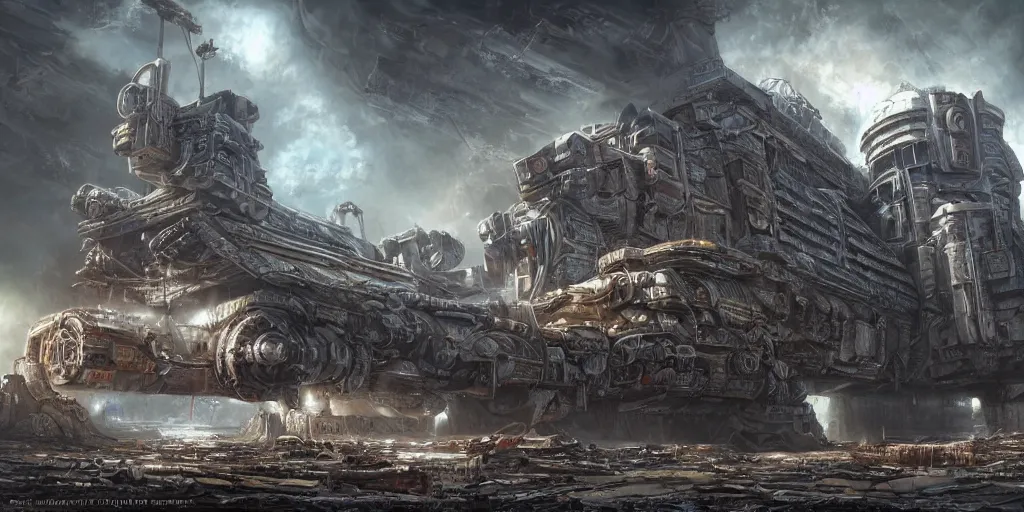 Image similar to A beautiful highly detailed matte painting of a huge derelict cargo starship, Space Hulk, WarHammer 40k by Jose Daniel Cabrera Pena and Leonid Kozienko, concept art H 1024