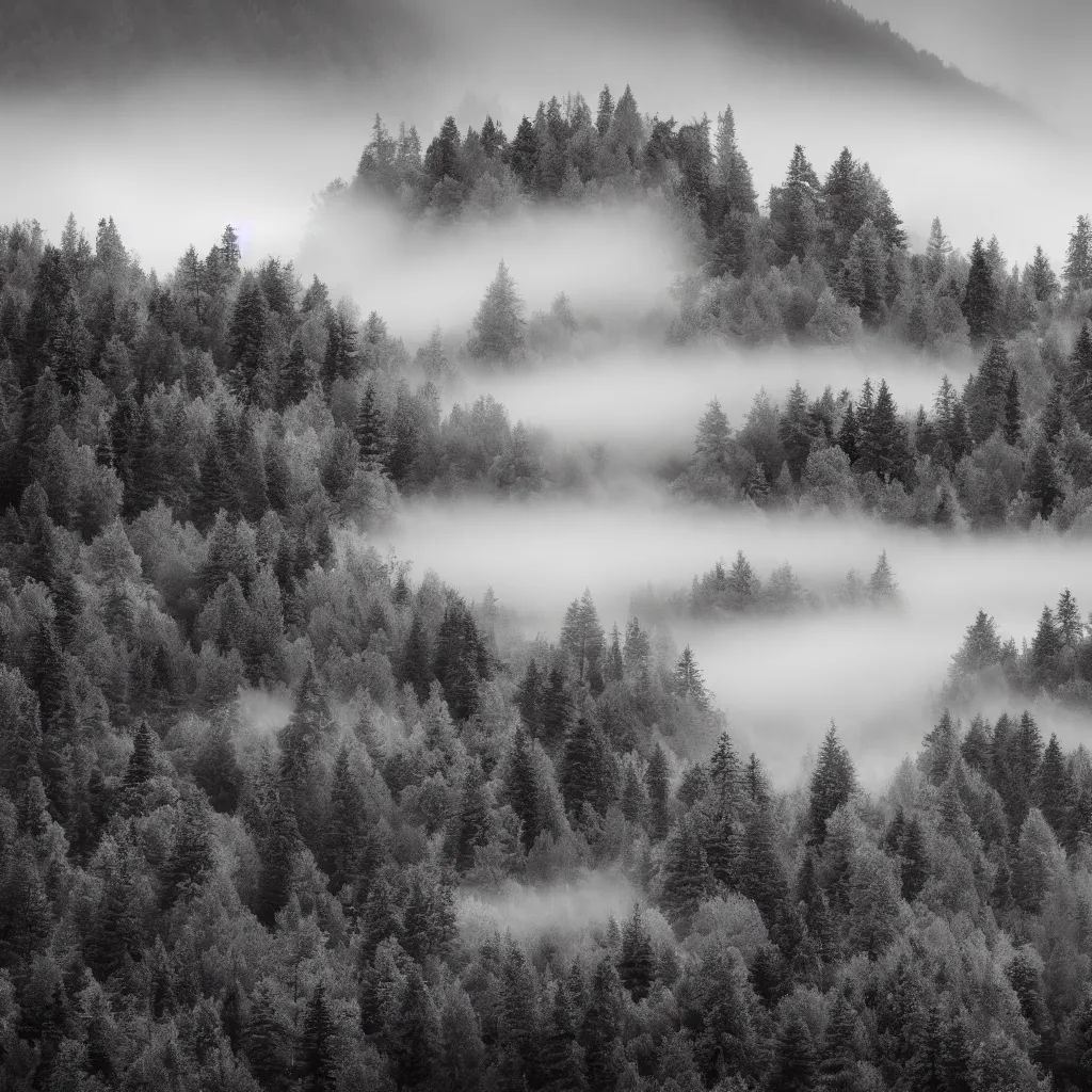 Image similar to monochrome photo of ambient and misty mountains with a lot of trees, 4 k