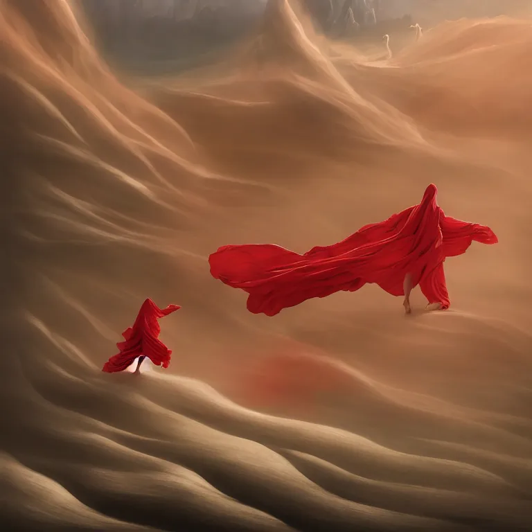 Image similar to one lone singular swirling otherworldly angelic figure shrouded in red robes and white mist emerges from an extensive colorful dune scape with a stairway of floating boulders, windswept, sand, rocks, sparse vegetation, distant cityscape, grey cloudy skies, distant ocean, contrejour lighting, high contrast, highly detailed, a matte painting by Peter Mohrbacher and Filip Hodas