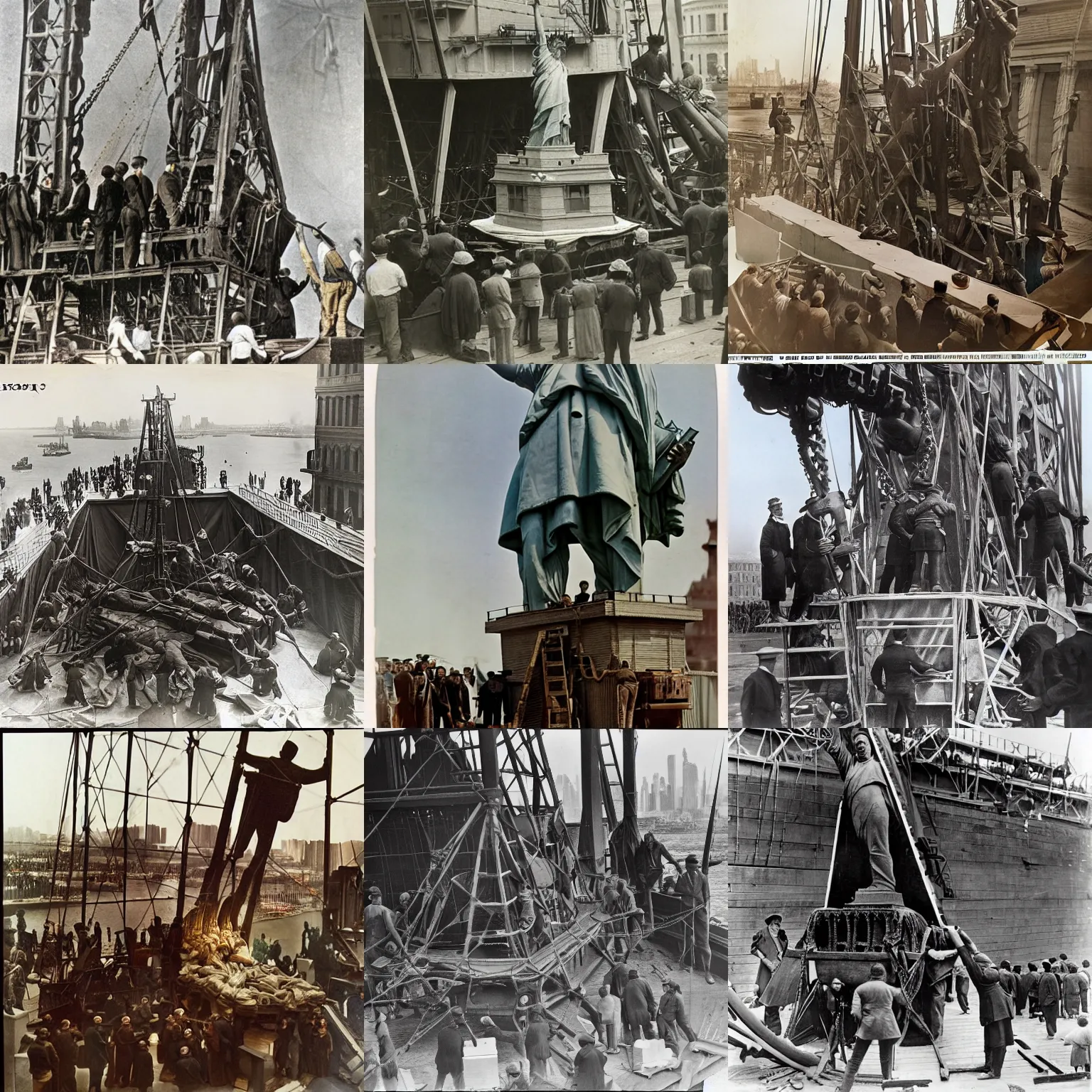 Prompt: colorized film photo, Unpacking the head of the Statue of Liberty, 1885, national geographic historical photograph, national archives