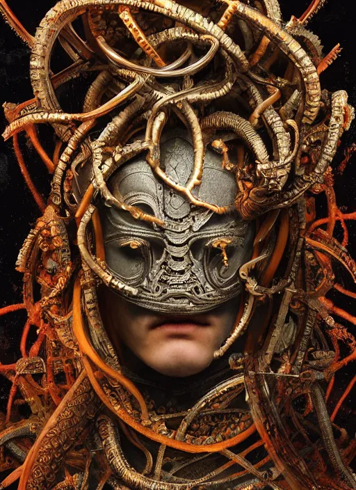 Image similar to portrait of king arthur knight medusa cyborg, kintsugi, modern fine art, fractal, intricate, elegant, highly detailed, digital photography, subsurface scattering, by jheronimus bosch and basquiat and greg rutkowski,