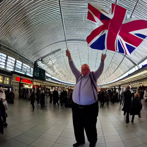 Prompt: fat middle aged british man waving british flag in shinjuku station, high resolution photo, fish eye lens, comedic