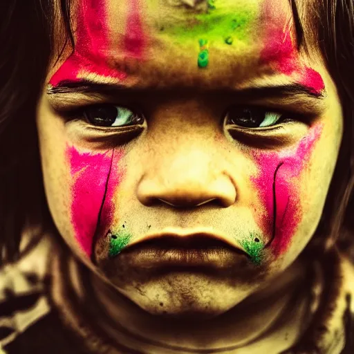 Prompt: portrait analog photography of angry indigenous children portraits, face painted aborigenus. rembrandt hipster color moody cinematic. depth of field. national georaphic - h 7 6 8