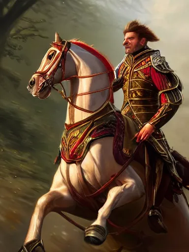 Prompt: a handsome man, happy and disarmed, laurels of glory, returns to home triunphantly mounted in a horse. full of pride. victorirous. prideful.. intricate, elegant, highly detailed, digital painting, artstation, concept art, sharp focus, illustration, by justin gerard and artgerm, 8 k