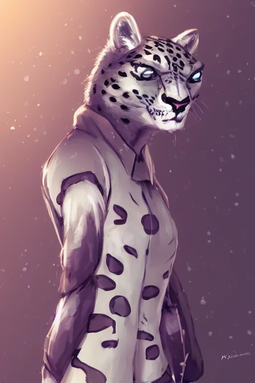 Image similar to anthropomorphic snow leopard scientist, trending on artstation, trending on furaffinity, digital art, by kawacy, anime, furry art, warm light, backlighting, cartoon, concept art, cyberpunk