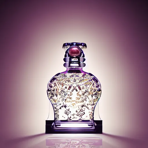 Image similar to a lamp in the shape of a perfume bottle, designed by christian dior, advertising photography, intricate details, gradient studio background, bokeh