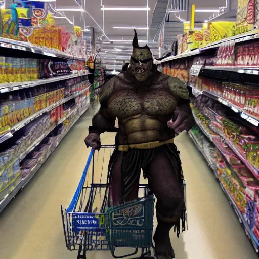 Image similar to orc warrior shopping at walmart