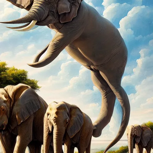 Image similar to a painting of an enormous elephant towering over other elephants with a long tusk by michael komarck, featured on cgsociety, fantasy art, majestic, official art, detailed painting.