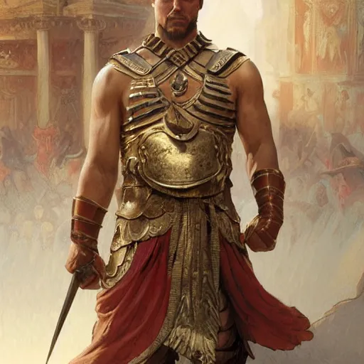 Prompt: julius Ceasar showing thumb down during gladiator fight, intricate, elegant, highly detailed, digital painting, artstation, concept art, smooth, sharp, focus, illustration, art by artgerm and greg rutkowski and alphonse mucha