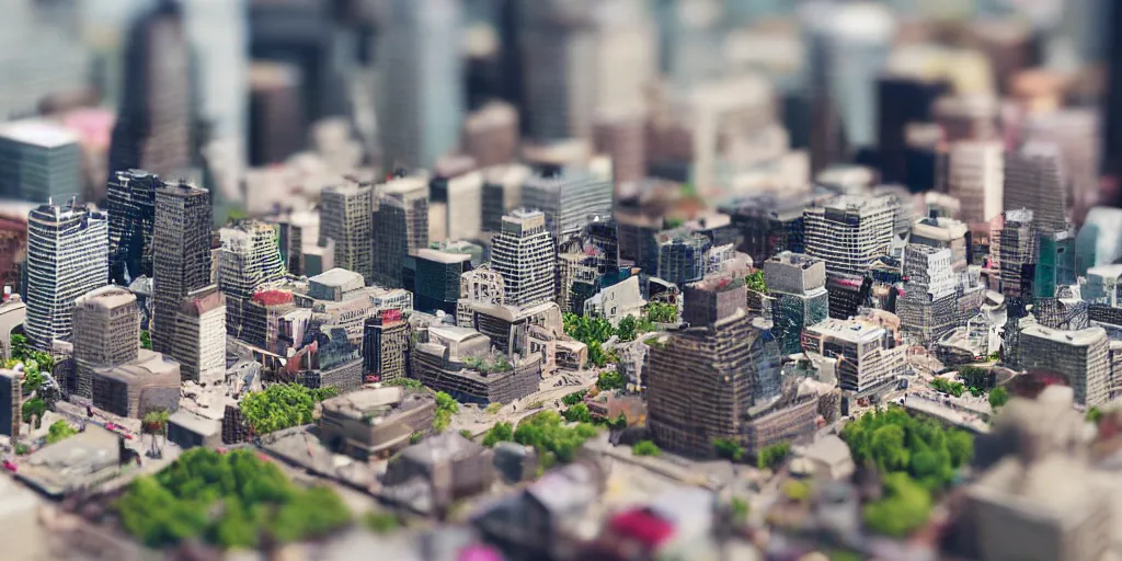 Image similar to a miniature diorama of downtown montreal, macro photography, tilt shift