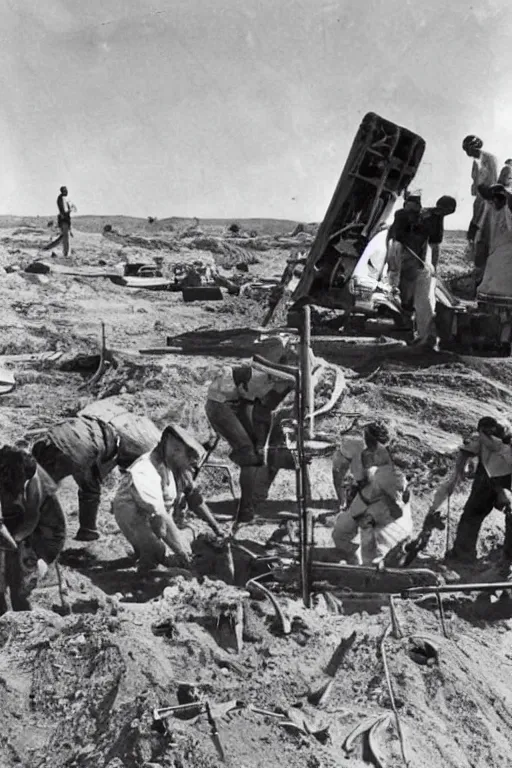 Image similar to team of archeologists digging up an ancient futuristic space craft, historical photograph from the 1940s