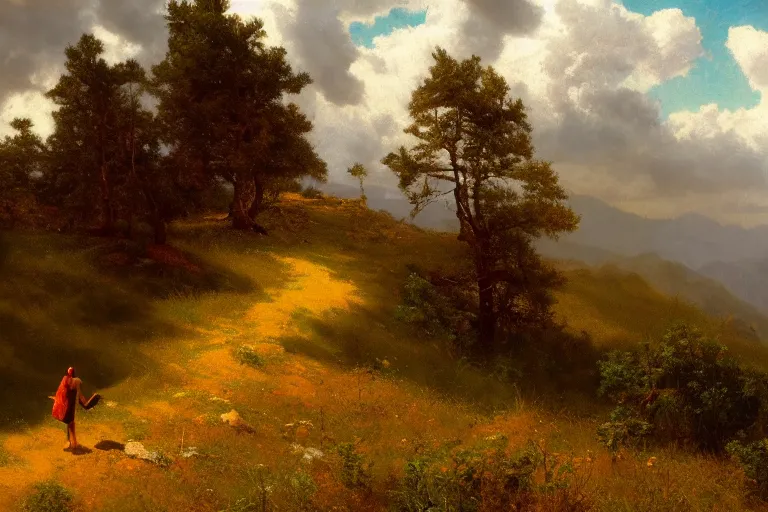 Prompt: a traveler wandering trough the mountains looking at the clouds, very detailed, oil painting, cinematic lighting, albert bierstadt, trending on artstation, colorful, canvas