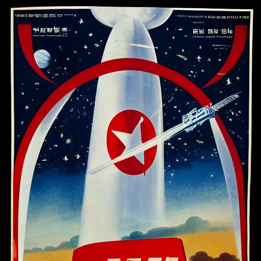 Image similar to [North Korean space mission, 1950 poster, very detailed, cinematic lighting, matte, sharp, photography]