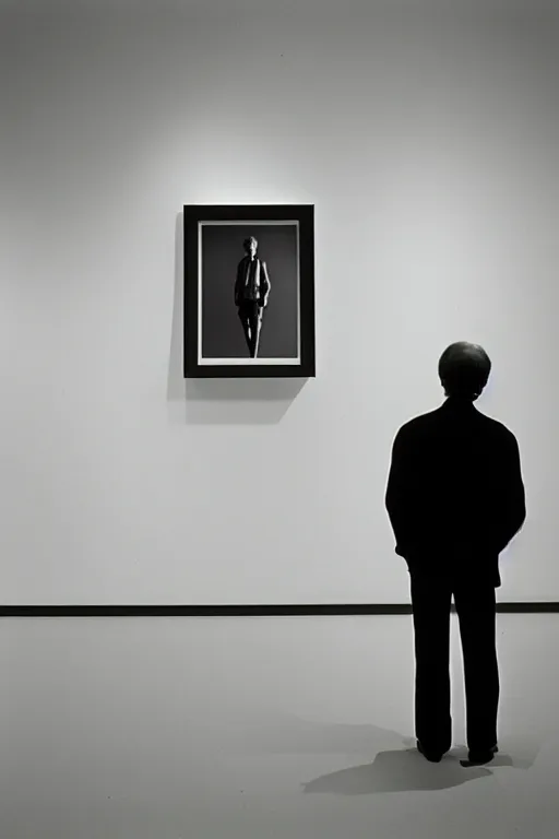 Prompt: one-legged man seen from behind standing in an empty gallery contemplating over a frame hanging at the opposite wall, photo taken with provia 1967