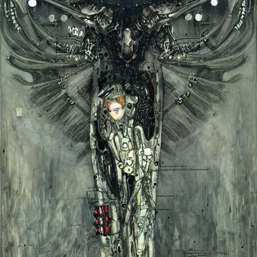 Image similar to winged cybernetic vampire with horns trapped in circuitry, intricate detail, miro, royo, whealan, klimt,