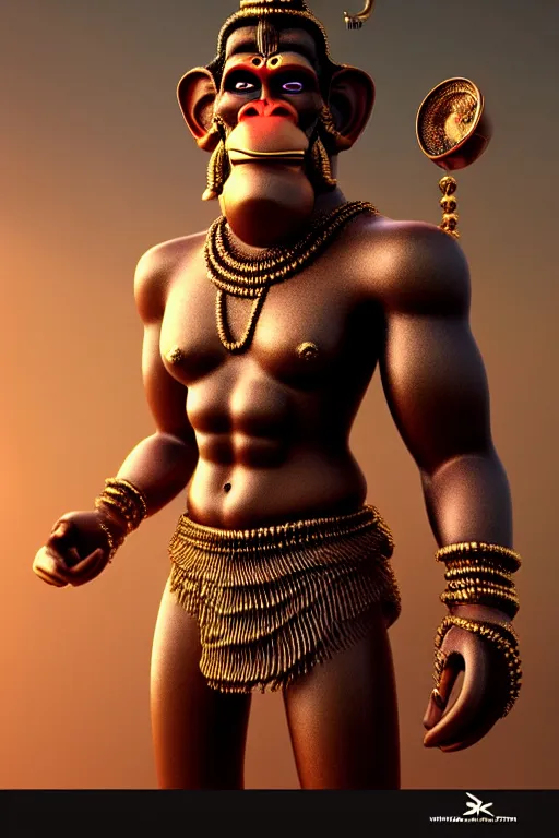 Image similar to high quality 3 d render ultra realistic cyborg hanuman! with gold nose piercings, cyberpunk highly detailed, mumbai in the background, unreal engine cinematic smooth, in the style of blade runner & solaris, hannah yata charlie immer, moody light, low angle, uhd 8 k, sharp focus