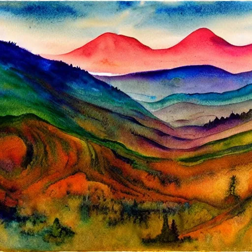 Prompt: a beautiful watercolor painting of an epic appalachian wilderness at dawn by georgia o'keeffe, wide angle shot, godrays, mystical, deep shadows, epic scale