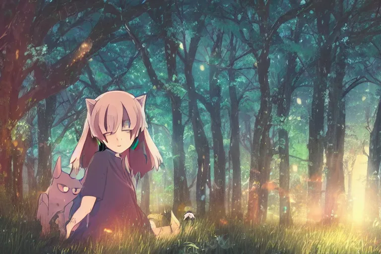 Image similar to female mage with cat ears in a summer forest, detailed attractive face, fantasy art, anime style, by makoto shinkai, by studio ghibli, atmospheric, vector art, 4 k film still, close up portrait