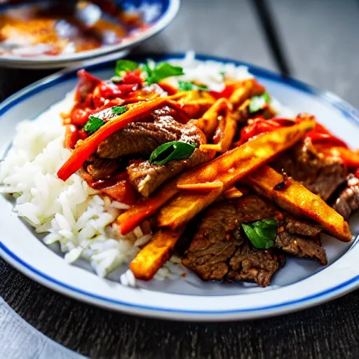 Image similar to dslr food photograph of stir fried beef, mixed with tomato wedges and french fries, with white rice on the side, 8 5 mm f 1. 8