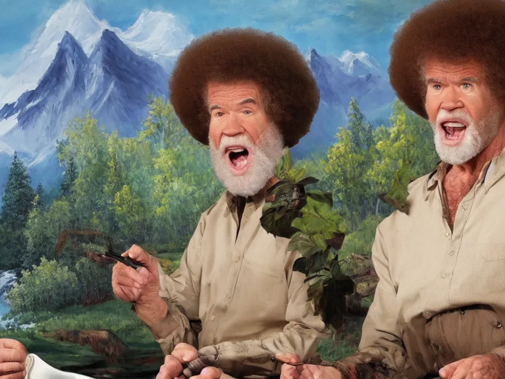 Image similar to old bob ross is sad and angry and yelling at a huge painting of nature by bob ross