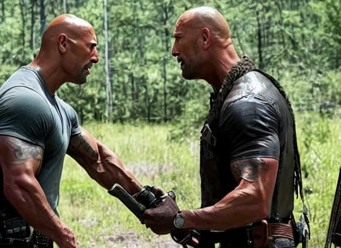 Image similar to film still of dwayne the rock johnson as rick grimes talking to carl grimes in the new walking dead tv series, 4 k