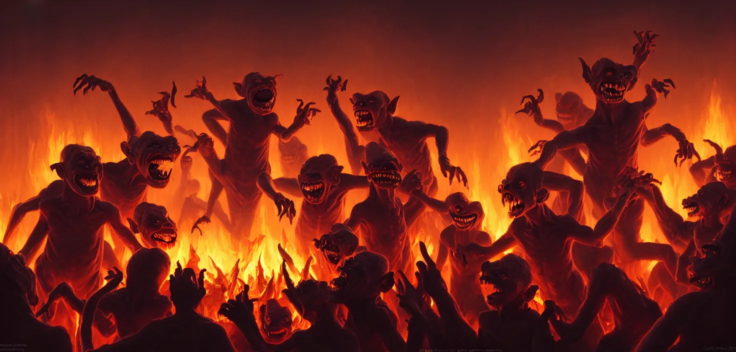 Image similar to oil matte painting, closeup portrait of ugly creepy goblins dancing around a bonfire at ba rave cheering dancing beautiful cinematic light deep focus, elegant, digital painting, smooth, sharp focus, golden ratio, dramatic illumination, ultra realistic, 8 k, art by greg rutkowski wlop rossdraws