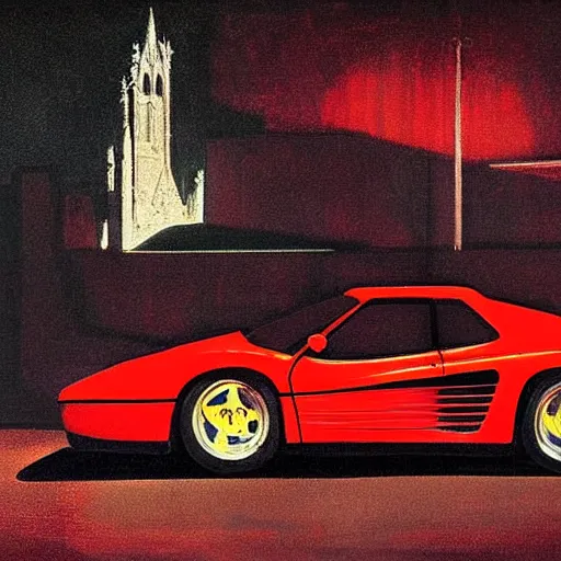 Image similar to a red ferrari testarossa at dark night in front of gothic architecture, pink neon lights by nc wyeth and daniel mumford