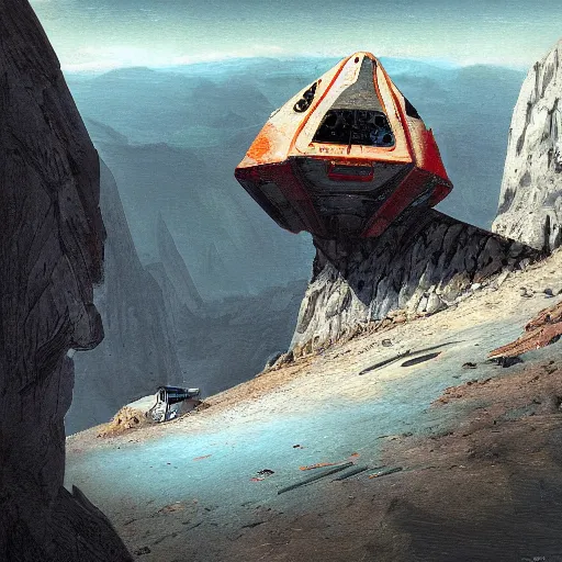 Image similar to derelict spacecraft sticking out from a mountain, painted by Raphael Lacoste