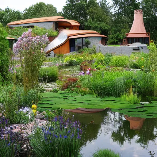 Image similar to earthship house with pond and cottage garden