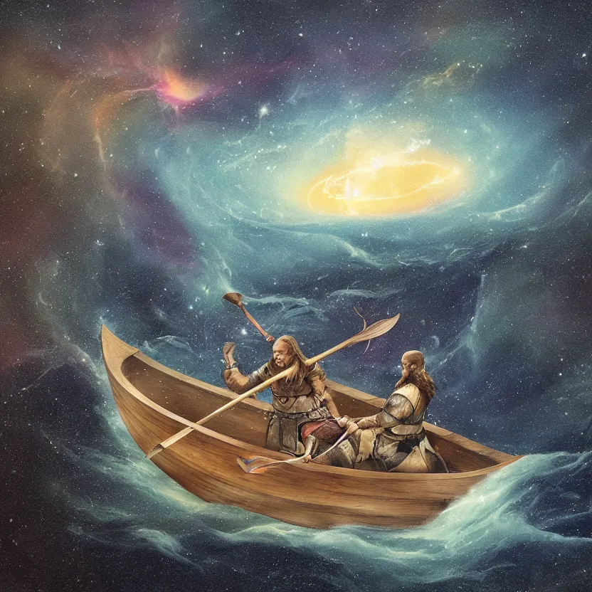 Prompt: a medieval viking longboat rowing through an ocean that is a nebula, several supernovae in the background, distant black hole ejecting a near light speed stream of matter across the scene