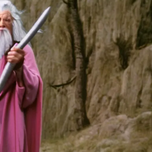 Prompt: gandalf wearing pink robes and a hello kitty hair clip, movie still from the lord of the rings