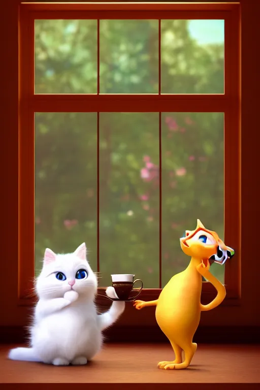 Prompt: portrait of fluffy cat holding teacup inside the house and window in background, full body. pixar disney 4 k 3 d render funny animation movie oscar winning trending on artstation and behance, ratatouille style