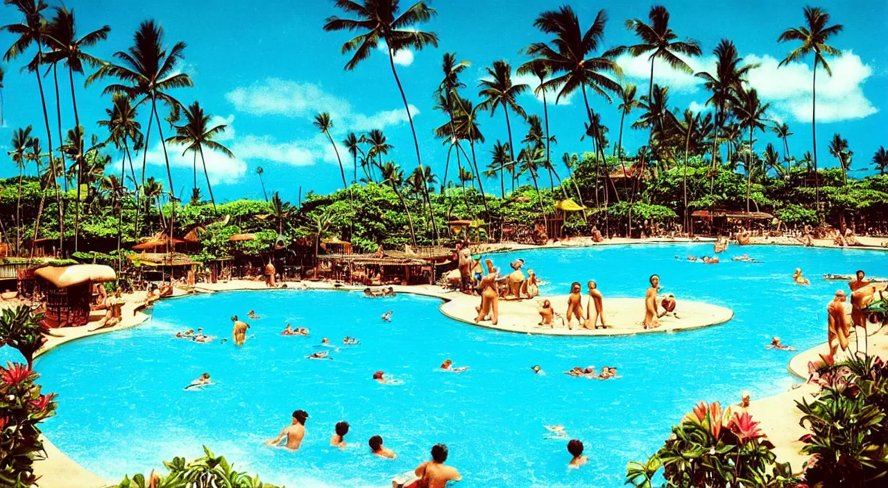 Prompt: a beautiful day at a Hawaiian pool,colorised,photograph