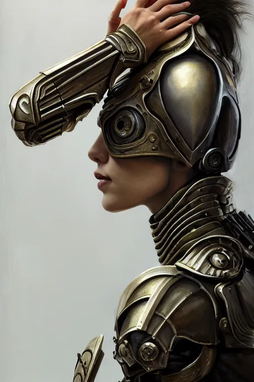 Image similar to a photorealistic painting of an attractive young girl, partially clothed in metal-plated battle armor, olive skin, long dark hair, beautiful bone structure, symmetrical face, perfect eyes, intricate, elegant, digital painting, concept art, illustration, sharp focus, minimal artifacts, from Metal Gear, in the style of Ruan Jia and Mandy Jurgens and Greg Rutkowski, trending on Artstation, award winning