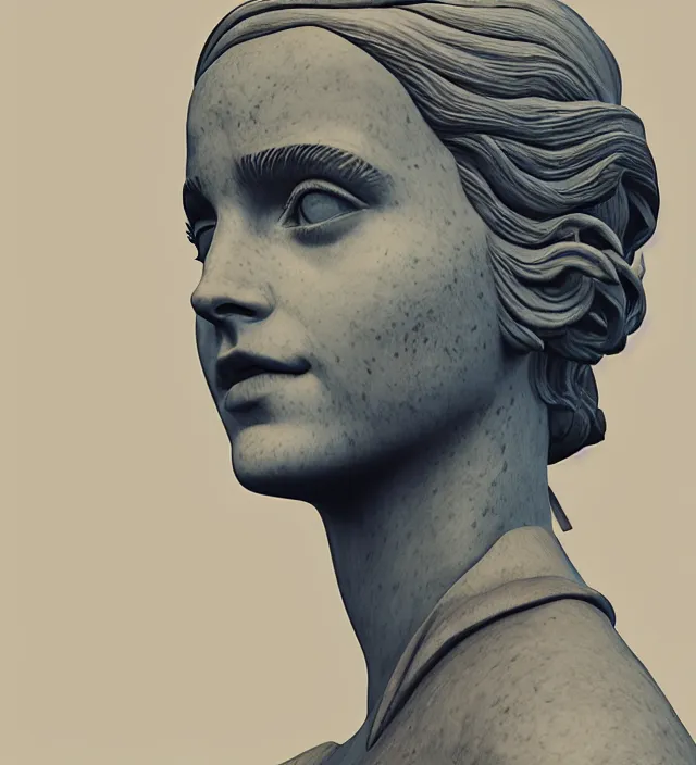 Prompt: stoic statue of emma watson, vaporwave, aesthetic, naturel, symmetrical face, hyper detailed, digital sculpture, trending in artstation, cinematic lighting, studio quality, smooth render, unreal engine 5 rendered, octane rendered