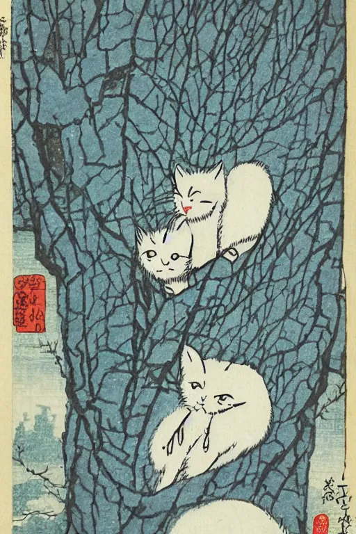 Prompt: white cat in the tree in winter day in the style of Utagawa Hiroshige