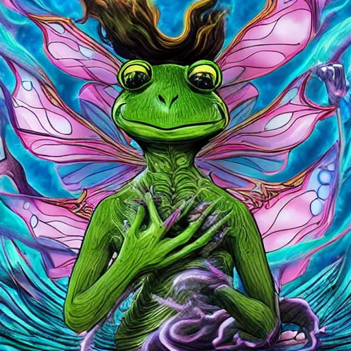 Prompt: scary godlike fairy in the anime style of Junji Ito , eating a psychedelic frog violently , being chased by a anthropomorphic giant frog , pastel , petite , upper body , epic , traditional makeup , gorgeous features ,Perfect pixel art, Post-processing , Greg rutkowski legendary matte painting , masterpiece