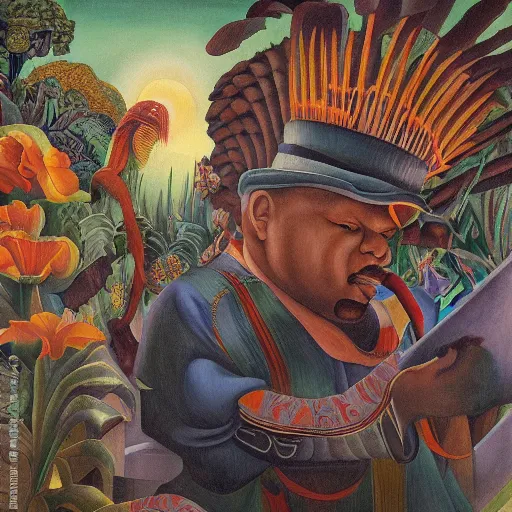 Image similar to high quality, high detail painting, dutch masterpiece, darryl mccray, film noir, diego rivera, high garden scene with quetzalcoatl at night, hd, muted lighting