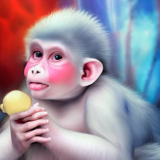 Image similar to magical scene. the sweet old very fat baby white monkey, red lips, blue eyes, is in love with her fancy beautiful colorful white fish. close up. clear face. subsurface scattering shiny skin. cinematic scene. glossy. highly detailed, color harmony, art station, ornate, caravaggio style. 3 d, beautiful lighting, old photography