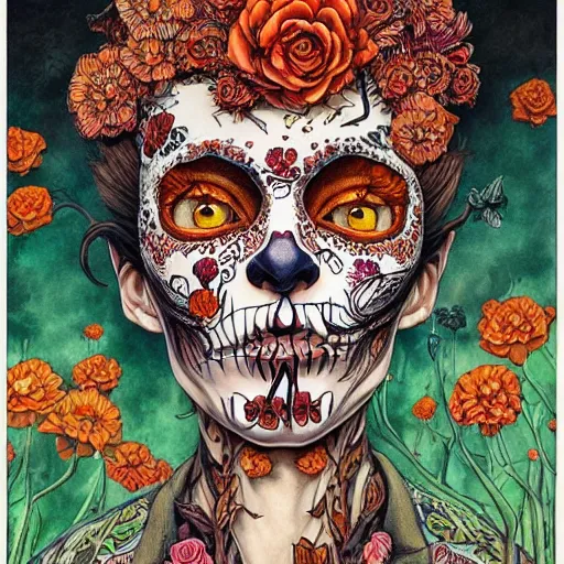 Image similar to beautiful portrait painted in jacek yerka and aykut aydogdu style drawn by vania zouravliov and takato yamamoto, inspired by dia de los muertos, intricate acrylic gouache painting, high detail, sharp high detail, artstation, manga and anime