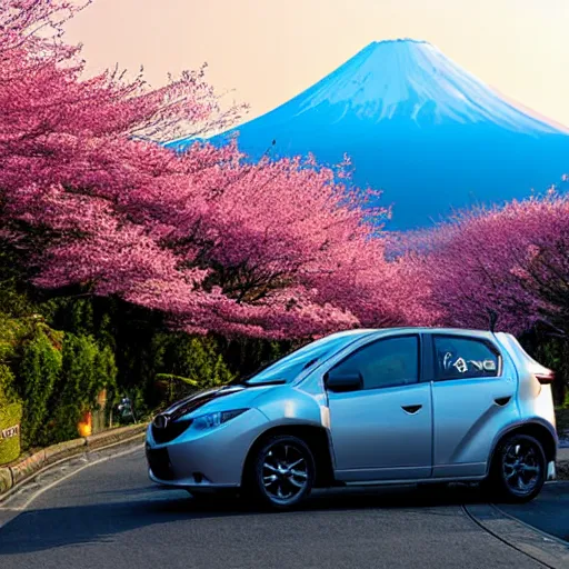 Image similar to a jdm mazda rx fused into hover craft 2 0 8 9 futuristic version, cyberpunk look hovering by mount fuji early in the morning with a few blossom trees around, high quality photo