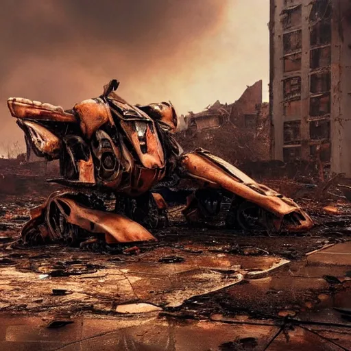 Image similar to A beautiful hyper realistic 3d render of a destroyed, charred and rusting mech resting against a burnt out building in a destroyed city with wreckage on the ground, it is raining, by pogrock/artist, f16, trending on artstation