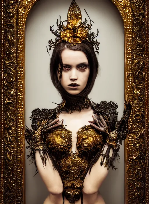 Image similar to a portrait of female model by stefan geselle and nekro borja, photorealistic, intricate details, hyper realistic, fantasy, ornate metal gold headpiece, photorealistic, canon r 3, photography, wide shot, photography, dark beauty, symmetrical features, wide angle shot, whole body, full body shot, standing pose